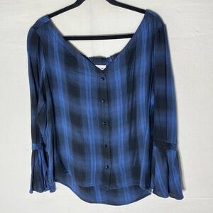 Highline Blue Plaid Button Front Off Shoulder Blouse W Bell Sleeves XL